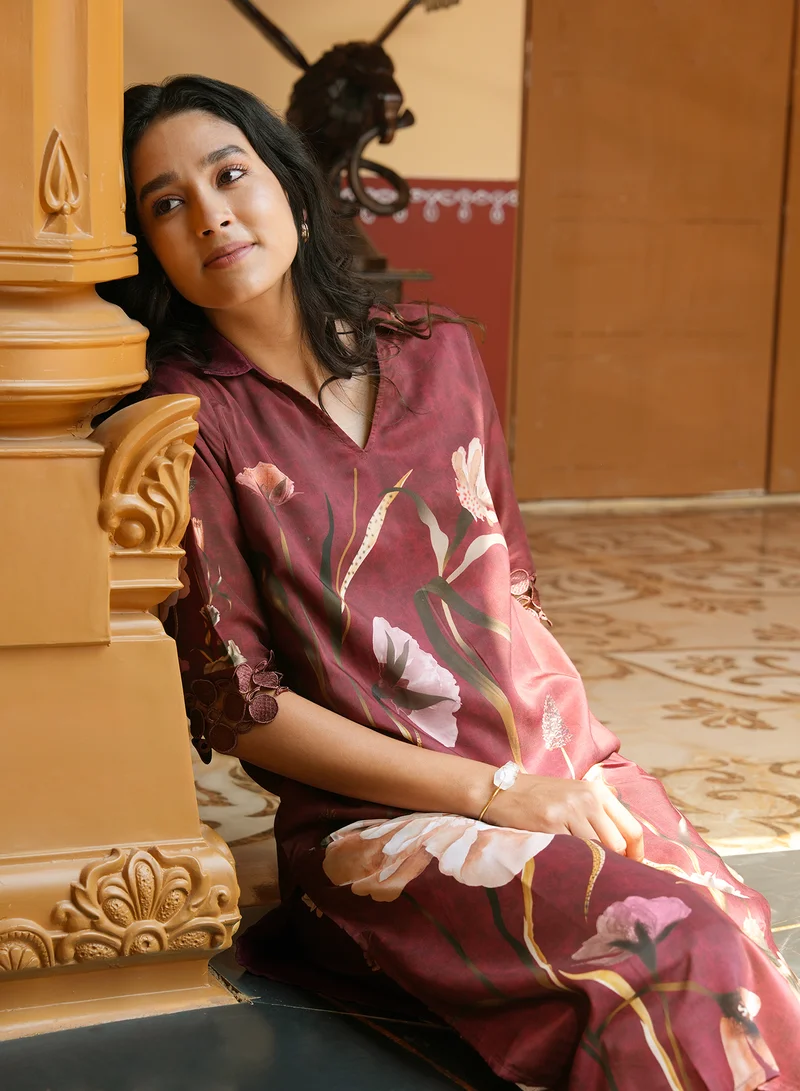 QISSA Women's Burgundy Red Bloomera Imprint Kurta Set For Casual Wear | Spread Collar | Quarter Regular Sleeves | 2 Piece Kurta Set Designed With Comfort Fit For Everyday Ethnic Wear